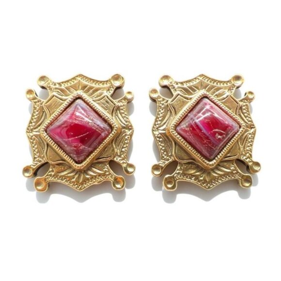 Ruby Jewe Jewelry | Gold Ornate Clip On Earrings With Ruby Red Stone Vintage ...